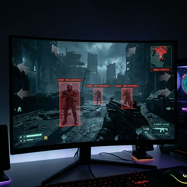 Ekran gry FPS z nałożonymi nakładkami AI wykrywającymi przeciwników